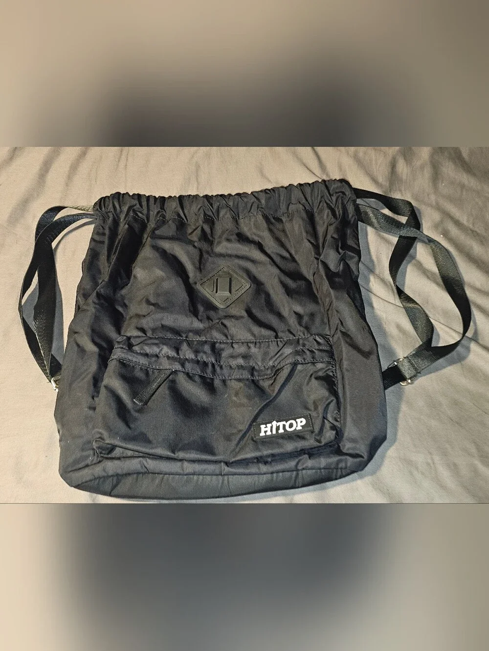 HiTop Black Drawstring Backpack With Pockets Adjustable Straps Hiking, Sports